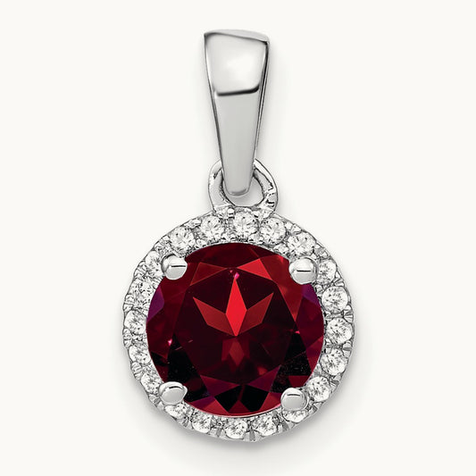 Garnet and Diamond Halo Pendant, 14K White Gold