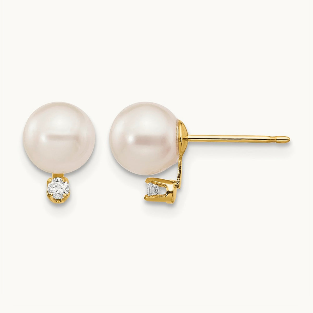6- White Round Saltwater Akoya Cultured Pearl Diamond Post Earrings, 7mm, 14K