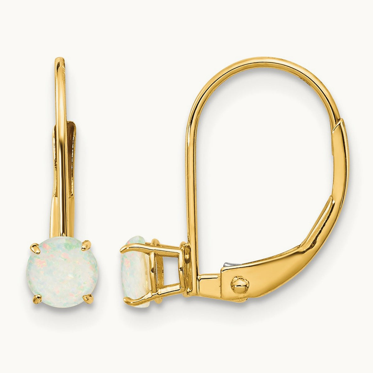 Round October/Opal Leverback Earrings — 14K Yellow Gold