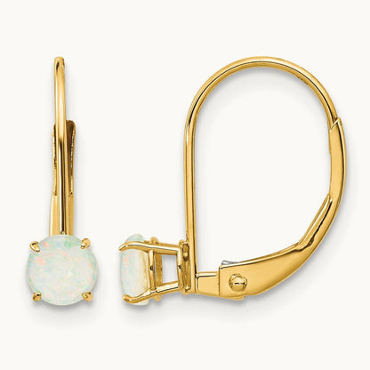 Round October/Opal Leverback Earrings — 14K Yellow Gold