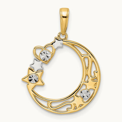 & White Rhodium D/C Heart, Star & Moon Pendant, 14K