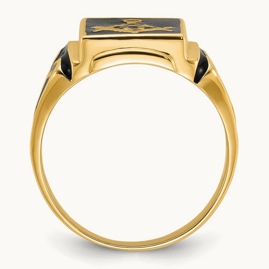 Men's Polished and Textured with Black Enamel Masonic Ring, 14K