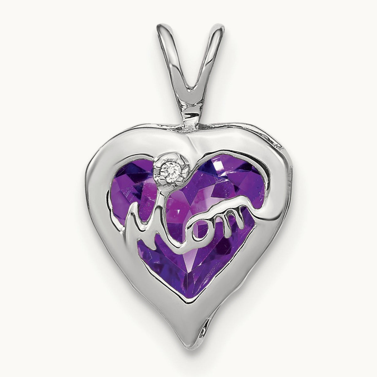 Amethyst and Diamond MOM Heart Pendant, 14K White Gold