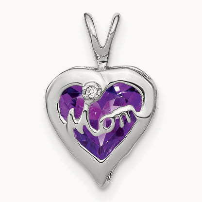 Amethyst and Diamond MOM Heart Pendant, 14K White Gold