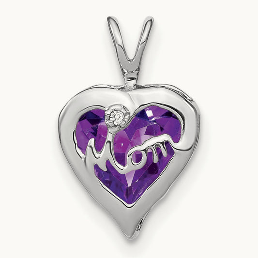 Amethyst and Diamond MOM Heart Pendant, 14K White Gold