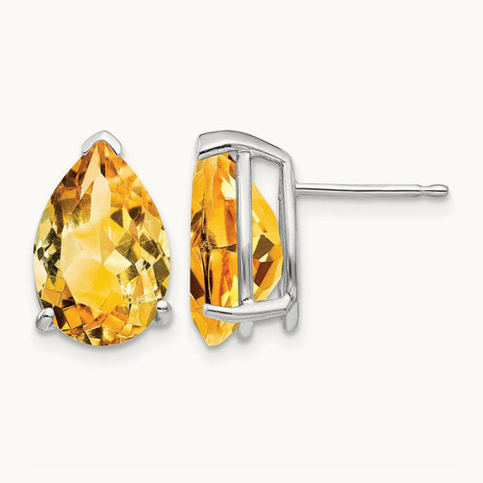 Citrine Pear Stud Earrings, 14K White Gold