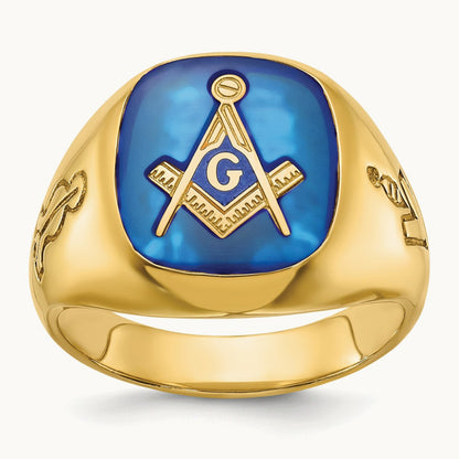 IBGoodman Men's Grooved w/ Cr. Sapphire Blue Lodge Masonic Ring, 14K