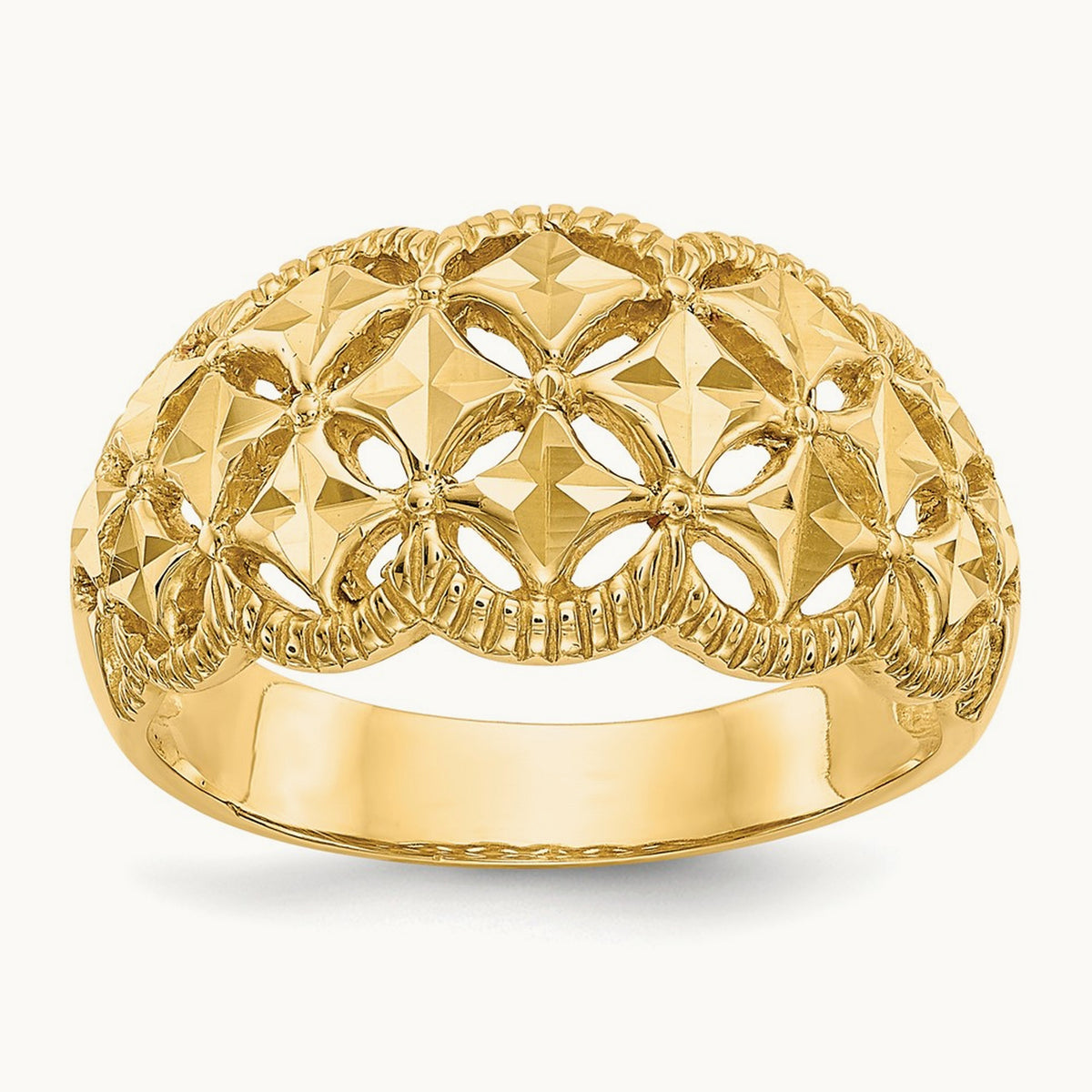 Diamond-cut Scalloped Edge Pattern Dome Ring, 14K