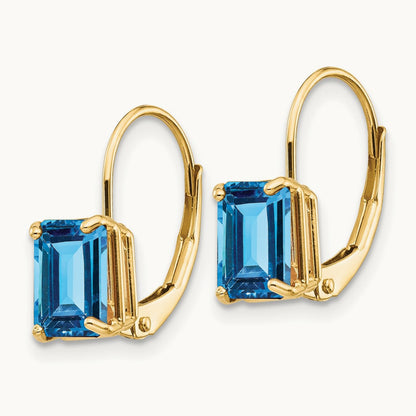 7x5mm Emerald Cut Blue Topaz Leverback Earrings, 14K