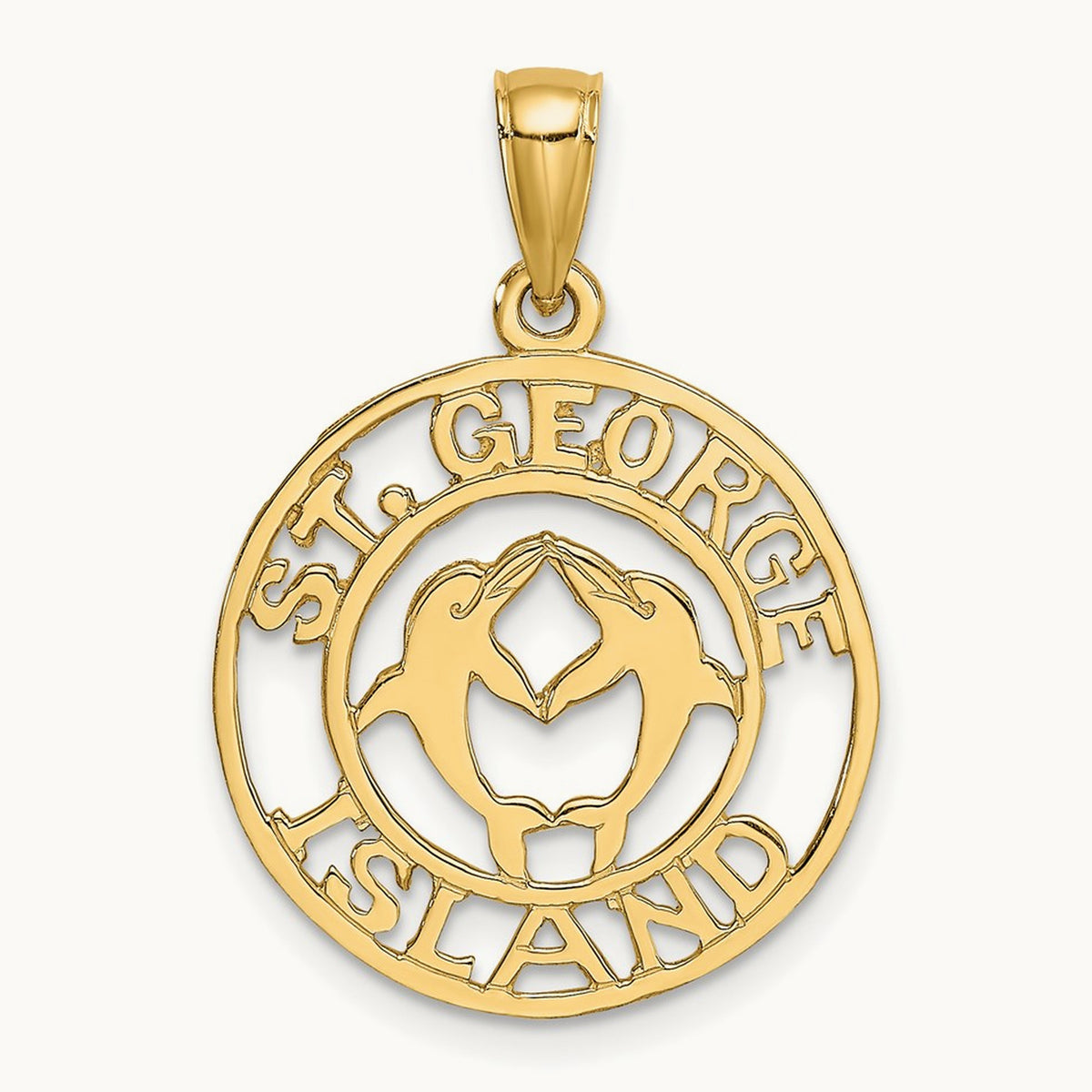 ST. GEORGE ISLAND w/DOLPHINS Circle Charm, 14K