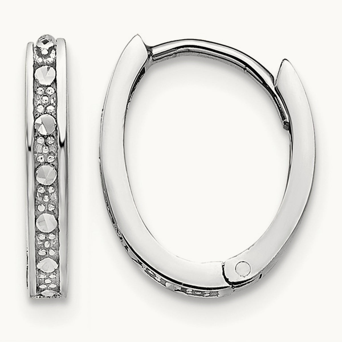 Diamond-cut Oval Hinged Hoop Earrings, 14K White Gold