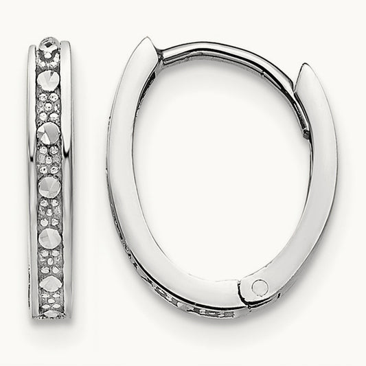 Diamond-cut Oval Hinged Hoop Earrings, 14K White Gold