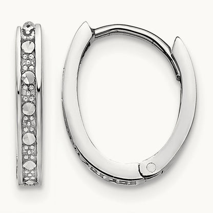 Diamond-cut Oval Hinged Hoop Earrings, 14K White Gold