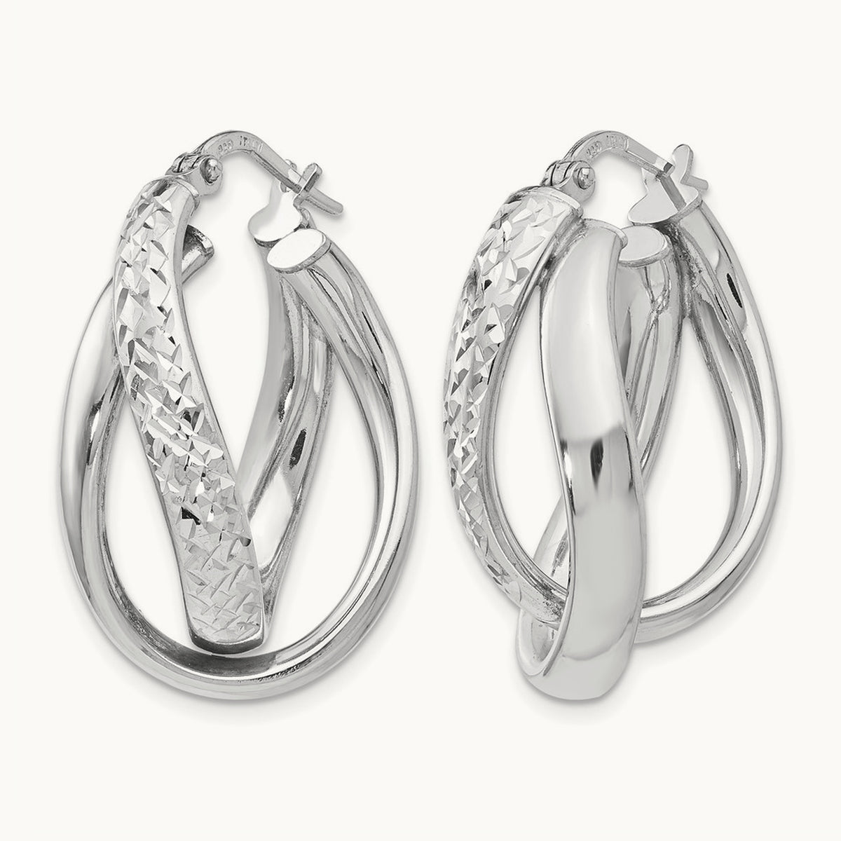 RH-plated Polished / Textured Fancy Hoop Earrings, Sterling Silver — Leslie's