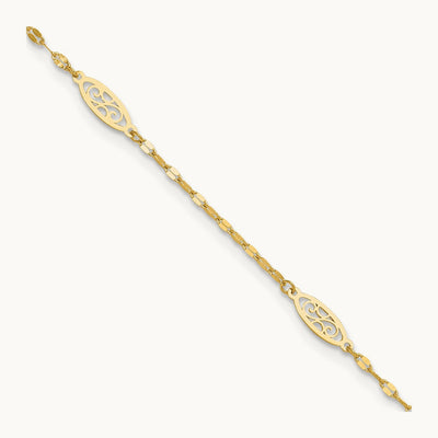 Polished Fancy Filigree Link 9in Plus 1 in ext. Anklet, 14K