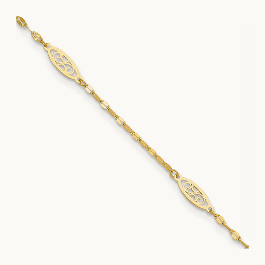 Polished Fancy Filigree Link 9in Plus 1 in ext. Anklet, 14K