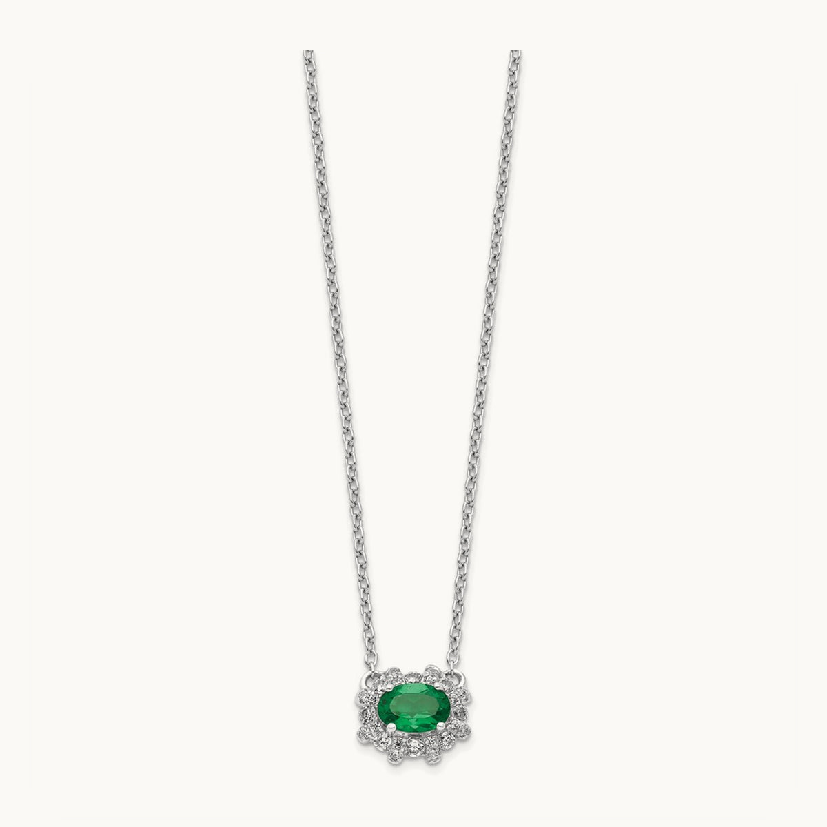 Diamond and Oval Emerald 18 inch Necklace, 14K White Gold