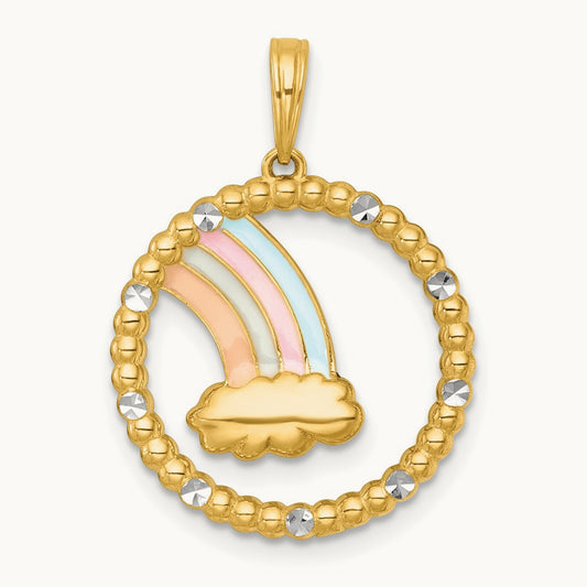 Multi Color Enamel Rainbow With Cloud Charm, 14K with White Rhodium
