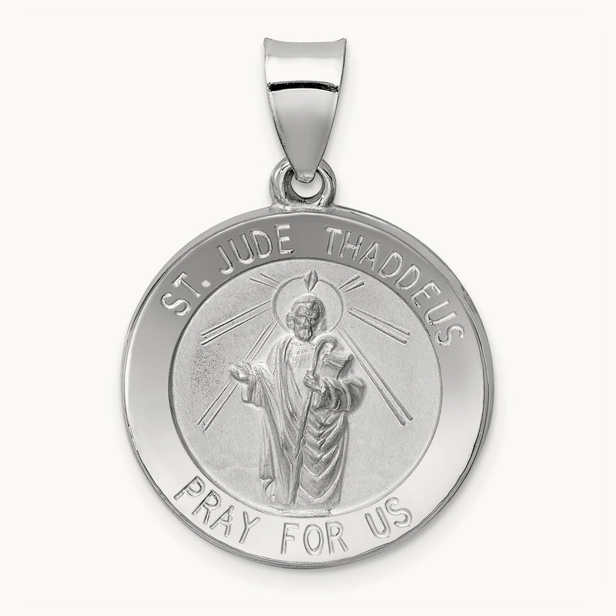 Polish/Satin St Jude Thaddeus Medal Hollow Pendant, 14K White Gold