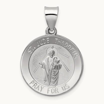 Polish/Satin St Jude Thaddeus Medal Hollow Pendant, 14K White Gold