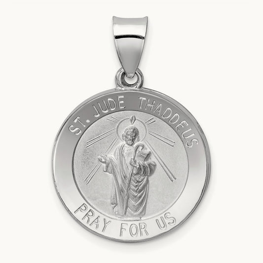Polish/Satin St Jude Thaddeus Medal Hollow Pendant, 14K White Gold
