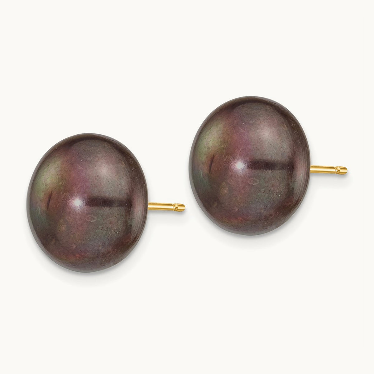 Black Button Freshwater Cultured Pearl Stud Post Earrings — 14K Yellow Gold