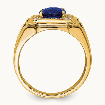 Created Checkerboard Sapphire and Diamond Mens Ring, 14K