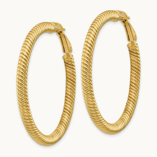 4x44mm Twisted Round Omega Back Hoop Earrings, 14K