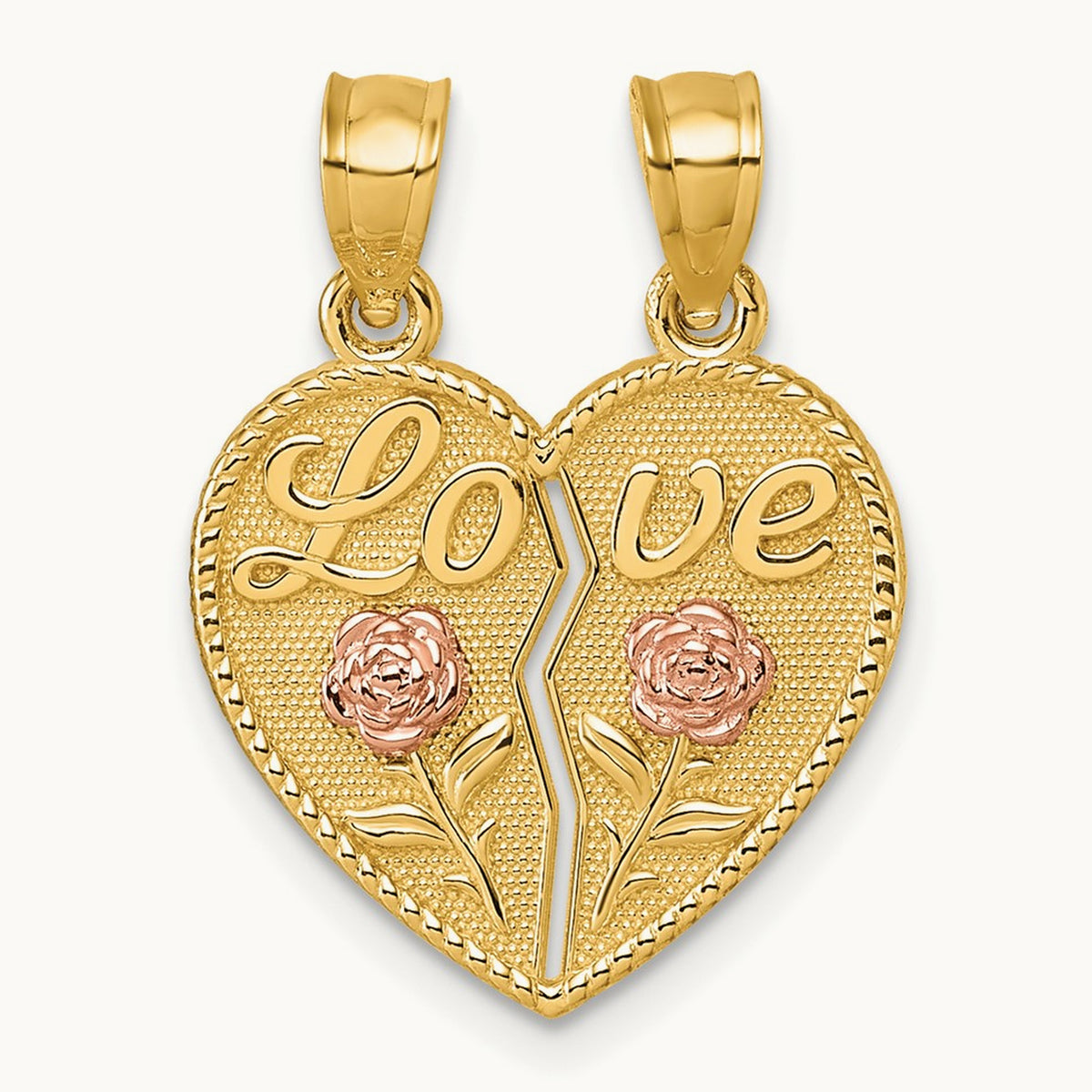 Break Apart Heart With Love And Roses Pendant, 14K Two-tone