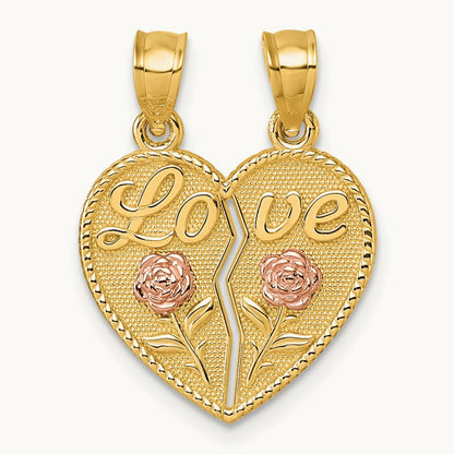 Break Apart Heart With Love And Roses Pendant, 14K Two-tone