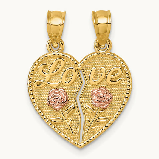 Break Apart Heart With Love And Roses Pendant, 14K Two-tone
