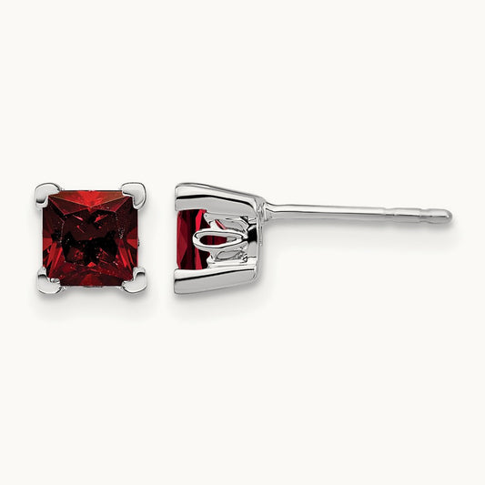 Square Garnet Earrings, 14K White Gold