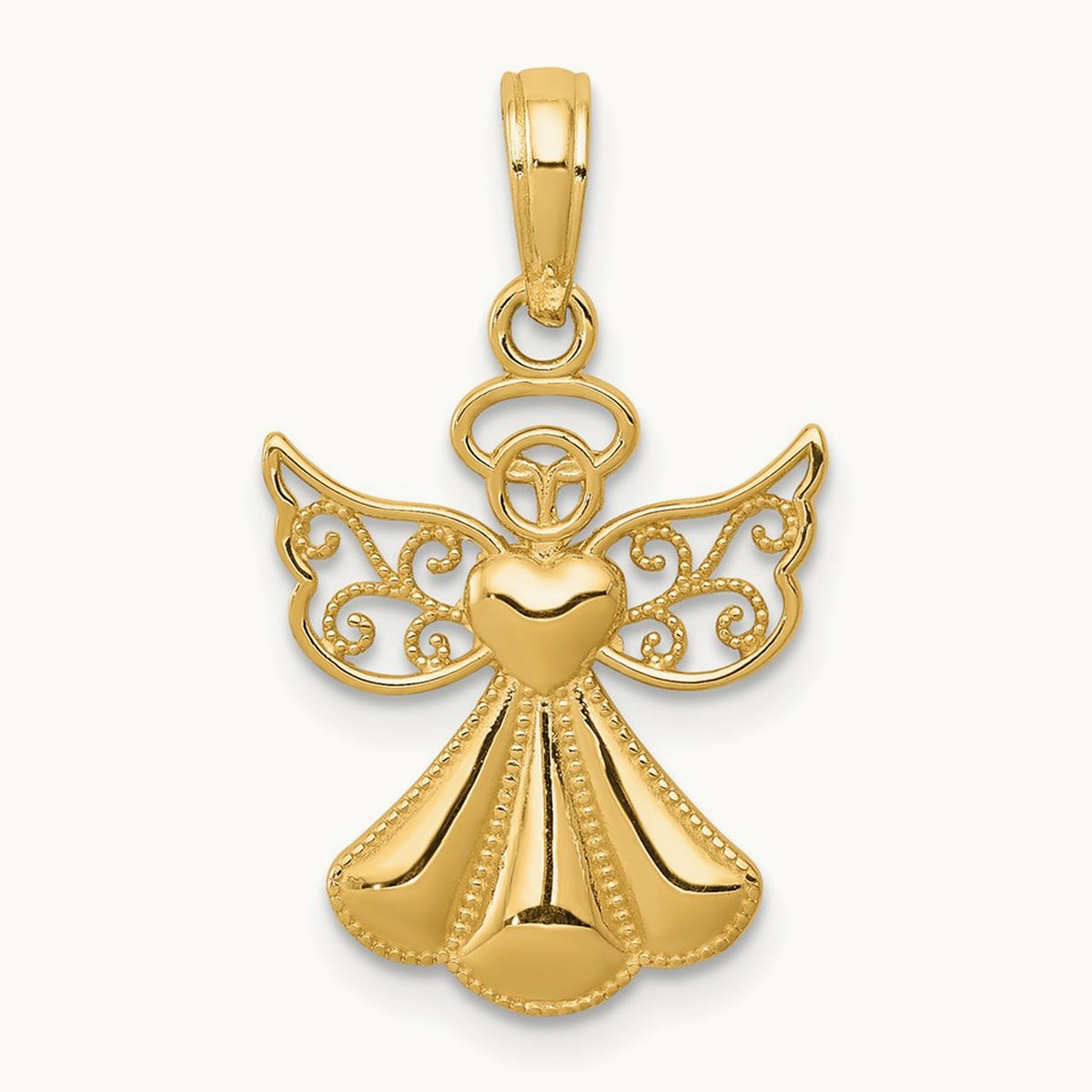 Polished/Textured Guardian Angel W/Heart Pendant — 14K Yellow Gold