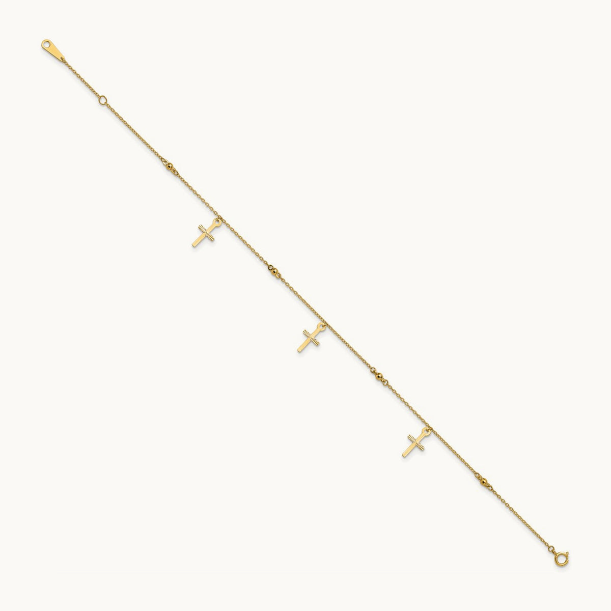 Polished and Diamond-cut Cross 9in Plus 1in extension Anklet — 14K Yellow Gold