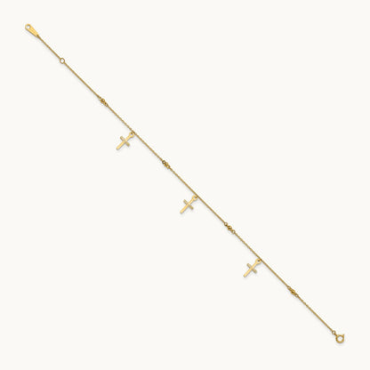 Polished and Diamond-cut Cross 9in Plus 1in extension Anklet — 14K Yellow Gold