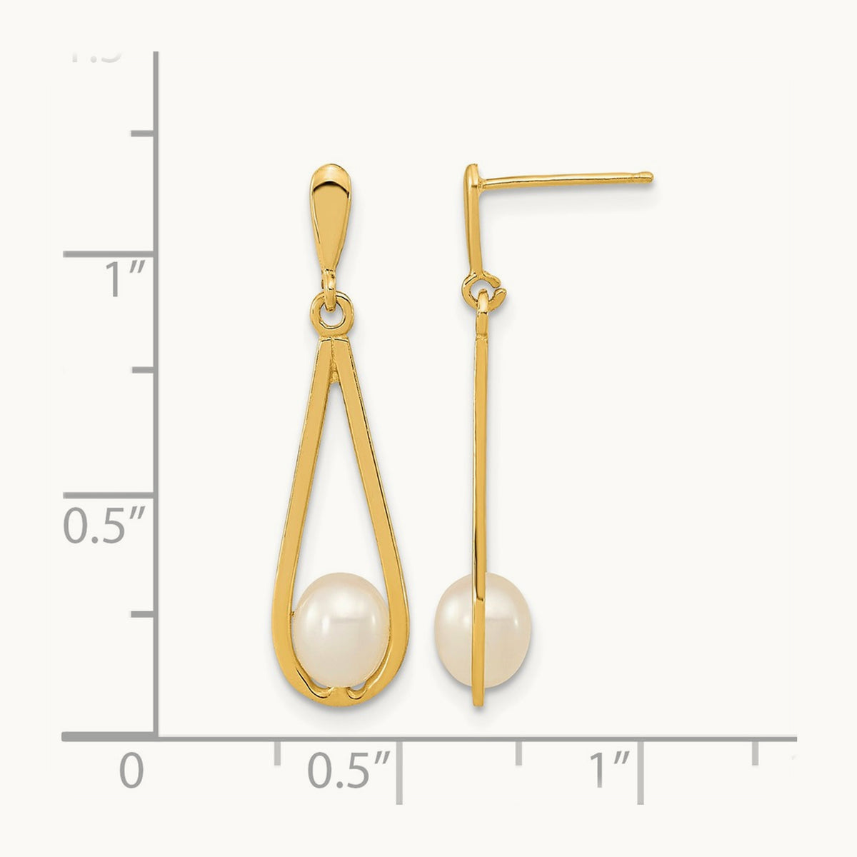 5- White Rice Freshwater Cultured Pearl Post Dangle Earrings, 6mm, 14K