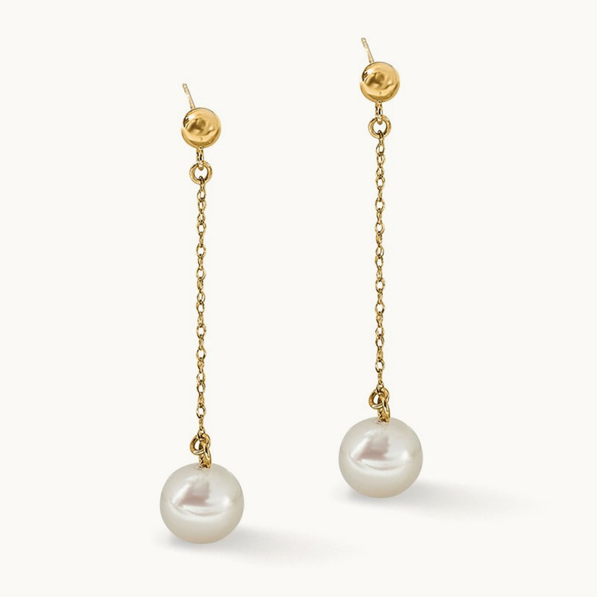 Round Freshwater Cultured Pearl Post Dangle Earrings — 14K Yellow Gold