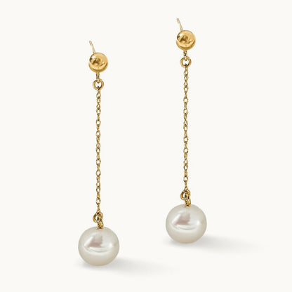 Round Freshwater Cultured Pearl Post Dangle Earrings — 14K Yellow Gold