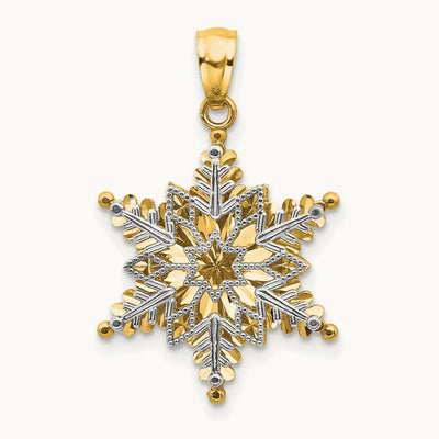 Polished and Textured 2 Level Snowflake Pendant — 14K Two-Tone Gold