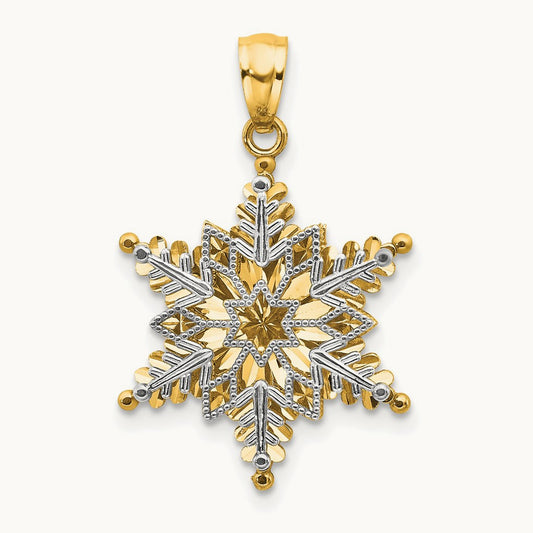 Polished and Textured 2 Level Snowflake Pendant — 14K Two-Tone Gold