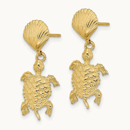 Shell and Sea Turtle Dangle Earrings, 14K