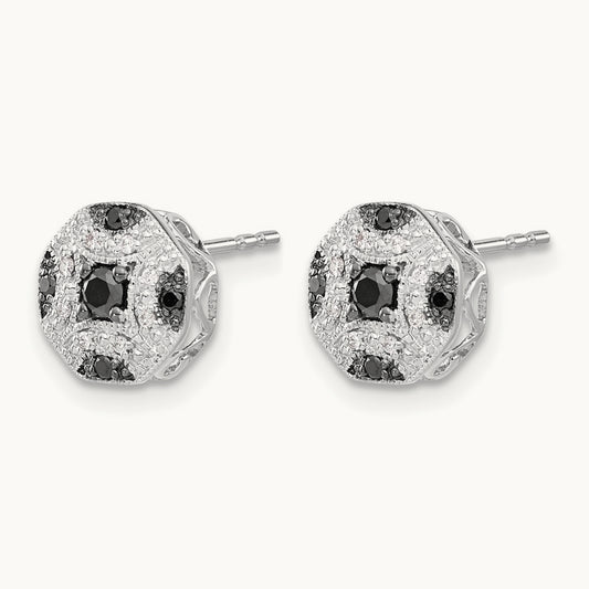 Fancy White and Black Diamond Post Earrings, 14K White Gold