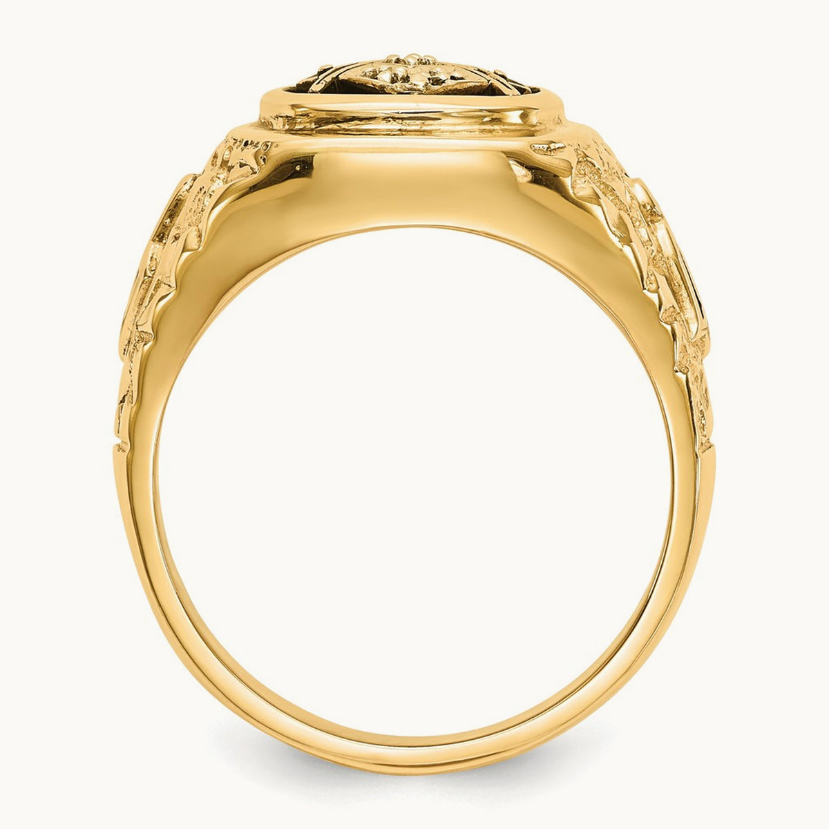 Polished, Antiqued and Nugget Texture Diamond Masonic Ring, 14K