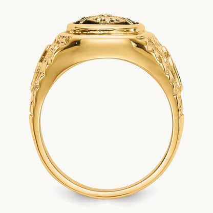 Polished, Antiqued and Nugget Texture Diamond Masonic Ring, 14K