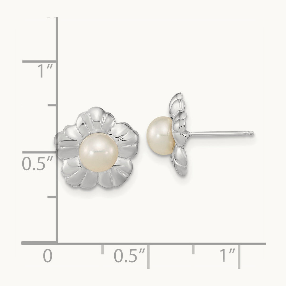 5- White Button FWC Pearl Flower Post Earrings, 6mm, 14K White Gold