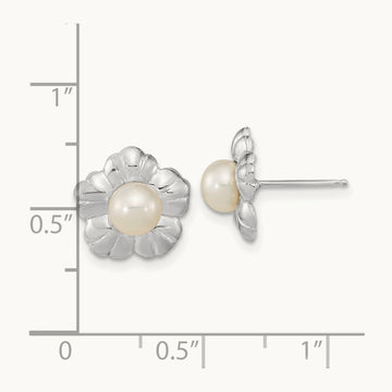 5- White Button FWC Pearl Flower Post Earrings, 6mm, 14K White Gold