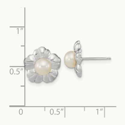 5- White Button FWC Pearl Flower Post Earrings, 6mm, 14K White Gold