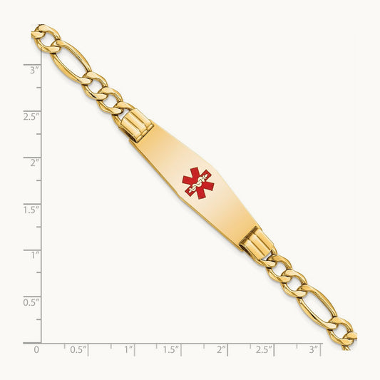 Semi-Solid Medical Soft Diamond Shape Red Enamel Figaro ID Bracelet, 14K
