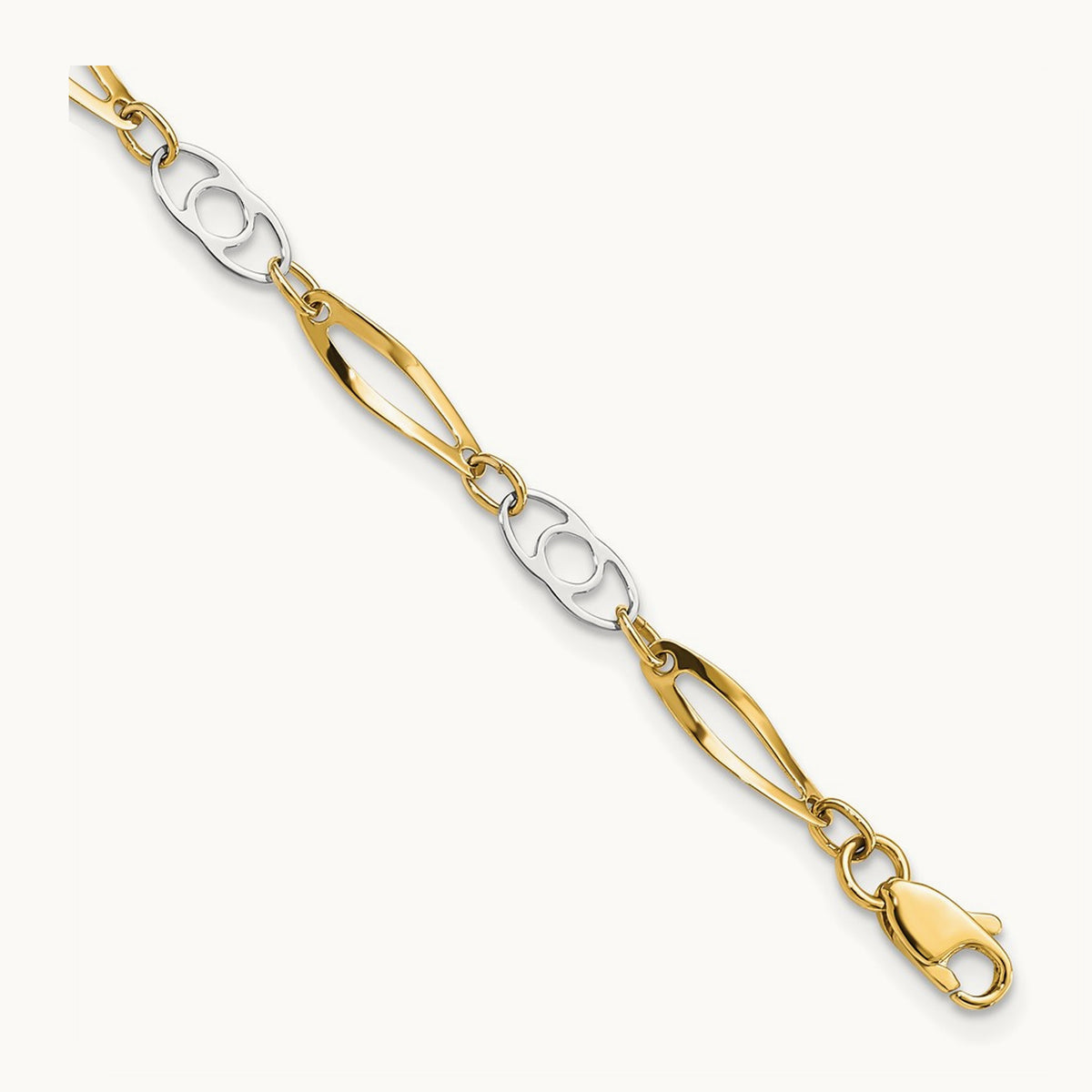 7in Polished Fancy Link Bracelet — 14K Two-Tone Gold