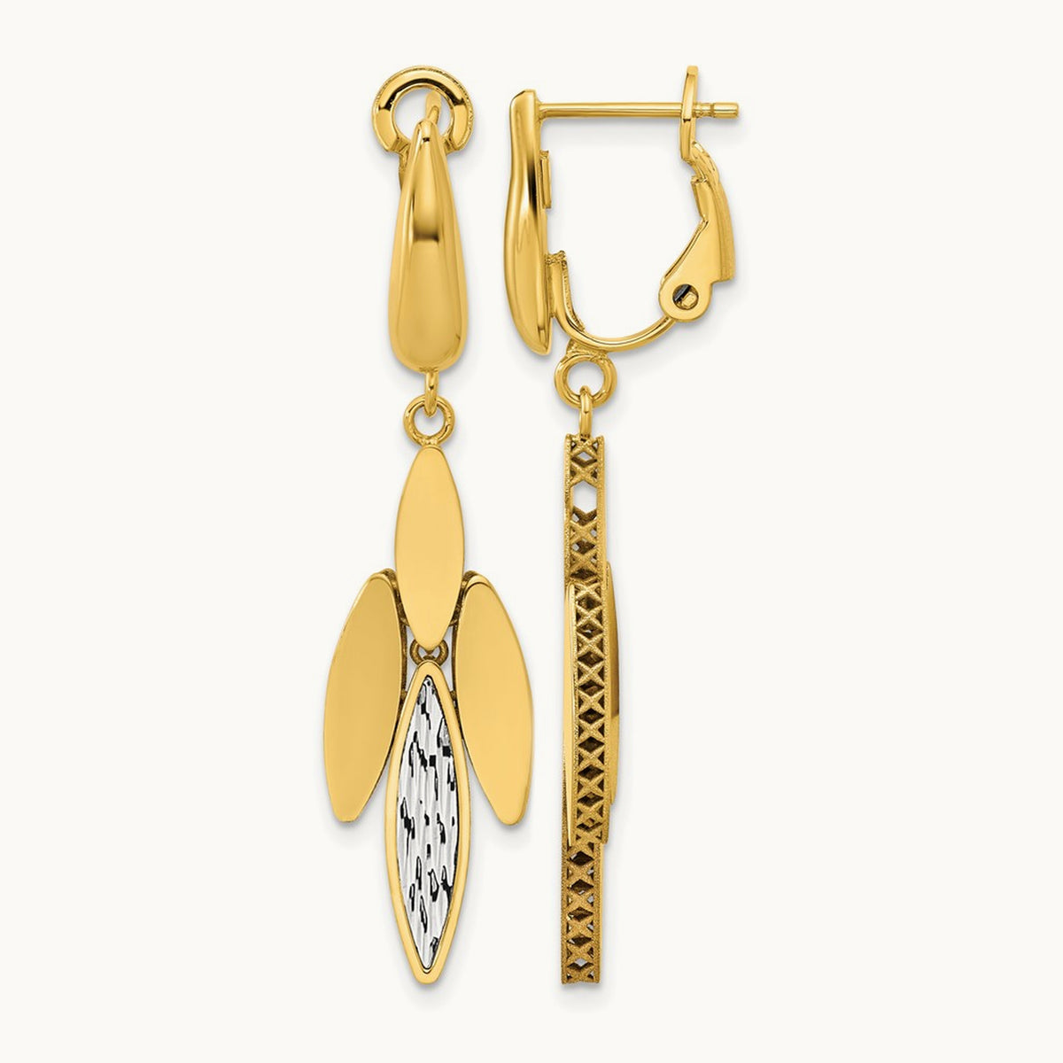 Polish/Dia-cut Fancy Dangle Omega Earrings, 14K Two-tone — Leslie's